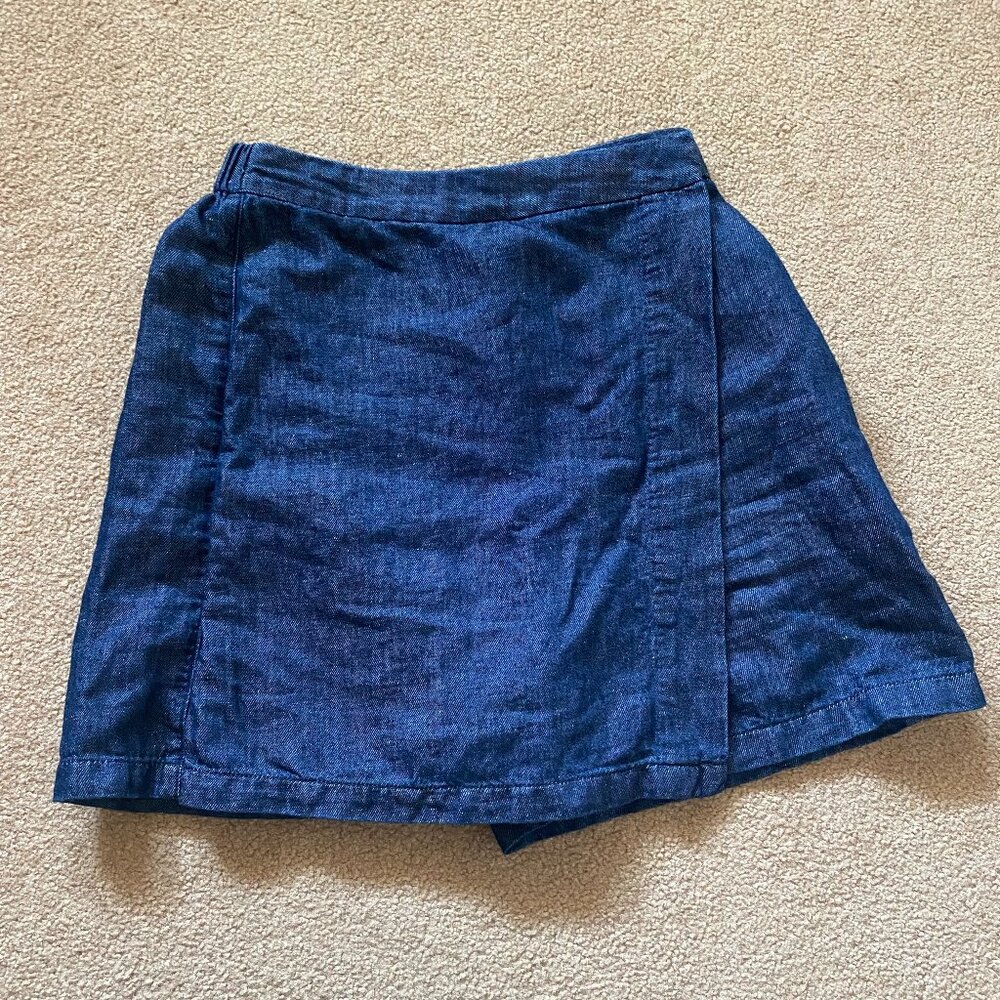 Muji Women's XS Blue Skort Mini Skirt Shorts Denim Cotton Hemp Wrap Elastic